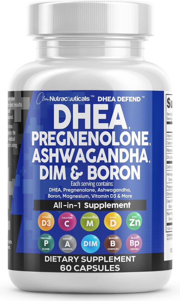 DHEA 200mg Supplemen Pregnenolone 100mg untuk Pria & Perempuan dengan DiM Ashwagandha Boron 6mg Complex Calcium Magnesium Zinc 50mg Vitamin D3 5000 IU Hormones Dukung Capsules Pills Dibuat di Amerika Serikat 60 Count