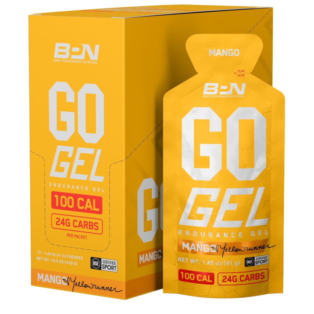 BAE PERFORMANCE NUTRITISI, BPN Go Gel Endurance, 24g of Carbohydrates & 100 Kalories per Pack, Vegan + Gluten Free Run Geel, 10 Single Packs, Mango