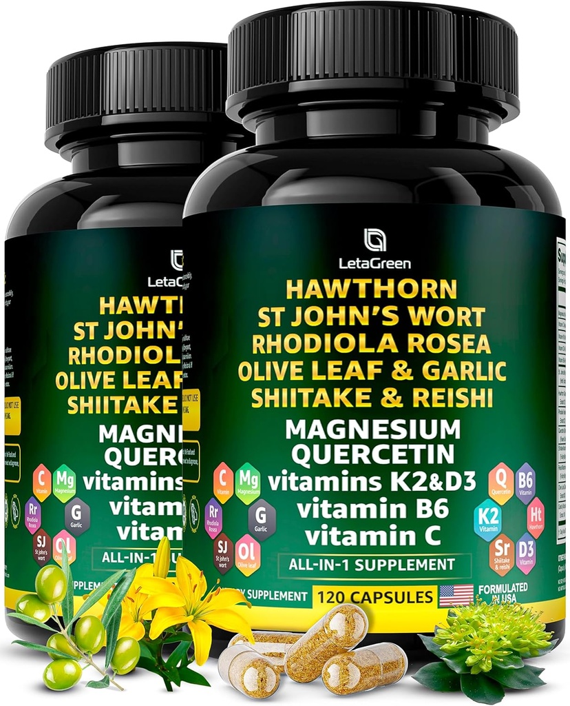 Organik Hawthorn Berry Capsules - Hawthorn Berry dengan St Johns Welt Rhodiola Olive Leaf Shiitake Reishi Mushroom Quercetin & Vitamin C, D3, K2, B6 & Magnesium (240 Count)