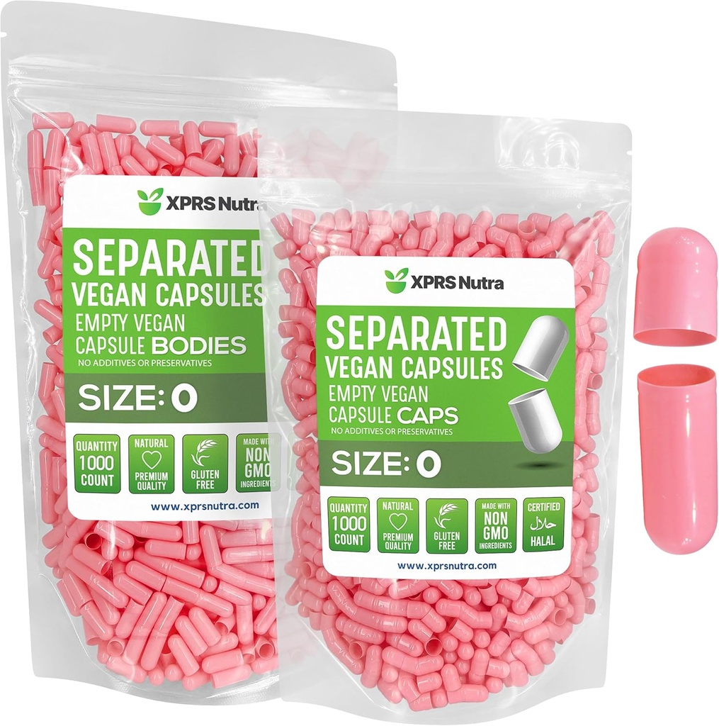 XPRS Nutra Vegan Ukuran 0 Terpisah Kapsul - 1000 Cacah Premium Kosong Katup Terpisah di Bags - 0 Pil untuk Tambahan DIY (Pink)