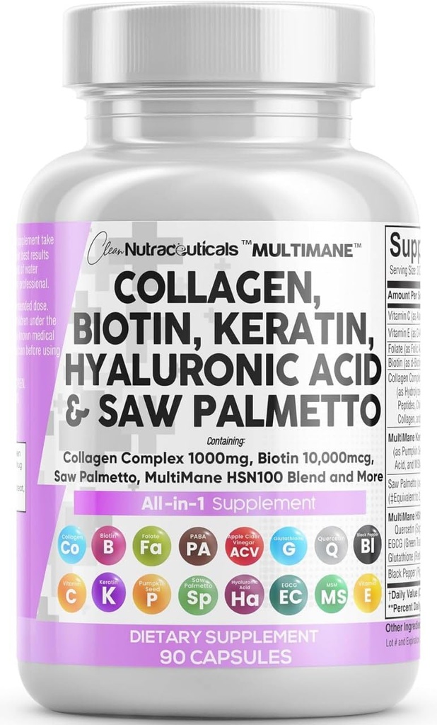 Bersihkan Nutraceuticals Collagen Pil 1000mg Biotin 100000mcg Keratin Saw Palmetto Hyaluronic Acid - Hair Skin & Nains Vitamin & DHT Blocker dengan Vitamin E Folic Acid Pumpkin Sease MMS - 90 Count