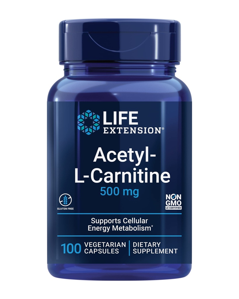Life Extension Acetyl- L-Carnitine, Asetil- LCarnitine, Vitamin C, Brain, Mood & Nerve Health, Cellular Energy, 3- Bulan Suply, Gluten- Free, Non-GMO, Vegetarian, 100 Capsules
