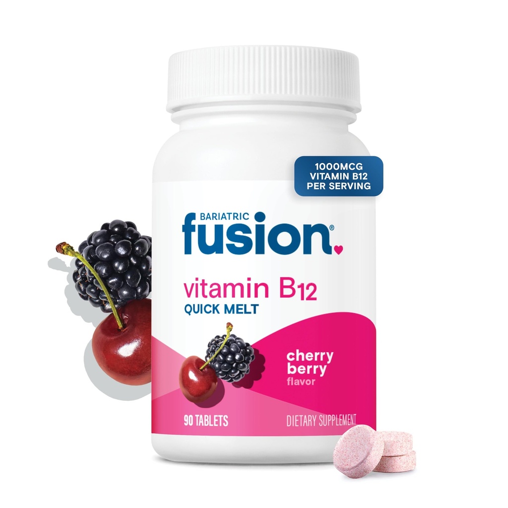 Fusion Bariatrik Vitamin B12, 1000 mcg Melts 124; Cherry Berry Flavored 124; Vitamin B12 Dissolve Under Tongue Tablets with Folic Acid 124; Sugar Free Methycolamin 124in; 90 Count