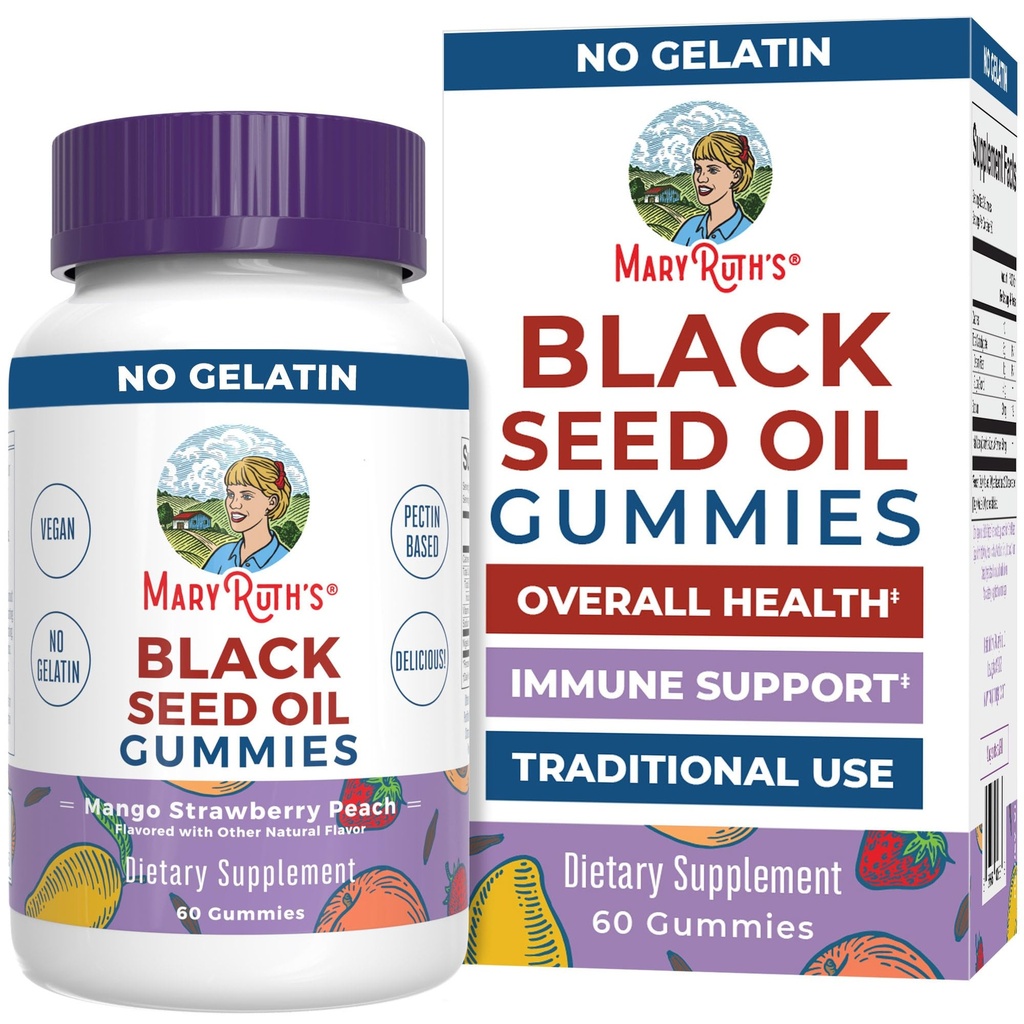 MaryRuth Organics Black Seed Oil Gummies; Black Cumin Seed Oil Suplemen 124; Tradisional Digunakan untuk Dukungan Ammune & Cardiovaskular Kesehatan 124; Vegan 124; Tidak ada Gelatin 124; Pectin berbasis 124; 60 Gummies