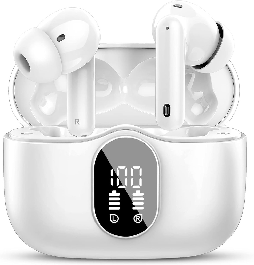BtootosWireless Earbuds Bluetooth 5.4 Headphone Bass Stereo Eds with Noise Cancelling Mic LED Tampilan di Earphone IP7 WaterProperal 36H Playtime for Laptop Pad Phones Sports Workout White