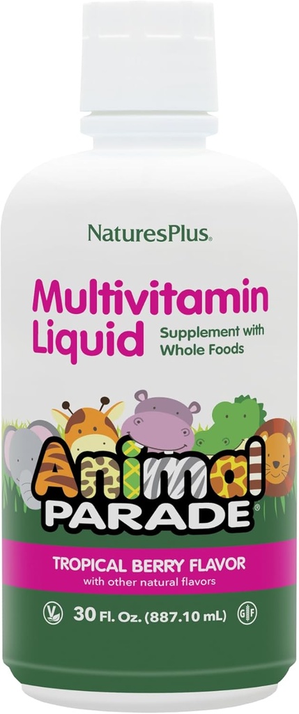 NaturesPlus Animal Parade Sumber Liquid Multivitamin Anak Hidup - Tropical Berry Flavor - 30 fl oz - Whole Food Suplemen - Vegetarian, Gluten- Bebas - 60