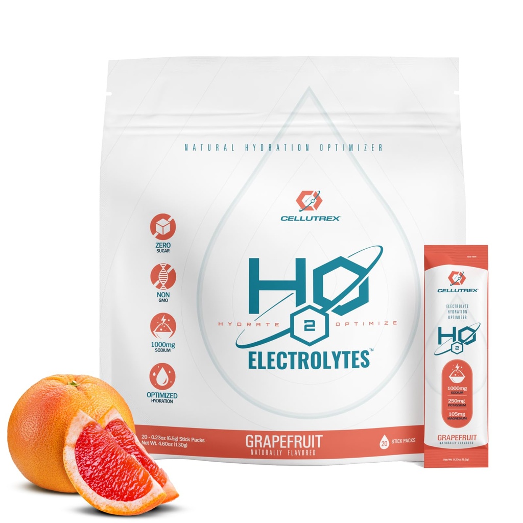 Cellutrex ® H2O Electrolytes - Electrolite Powder Minum Mix, Zero Sugar, Natural Salt Hydration Paket Pemulihan dan Wellness, Grapefruit, 20 Tongkat