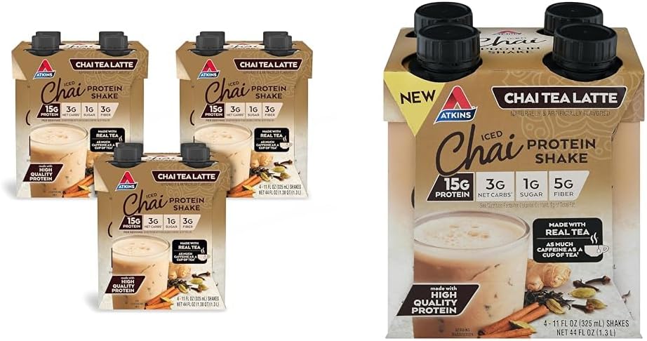Atkins Chai Tea Latte Protein Shake Bundle dengan 15g Protein, 3g Net Carb, 1g Sugar (4 Pack) Iced Chai Tea Latte Protein Shake