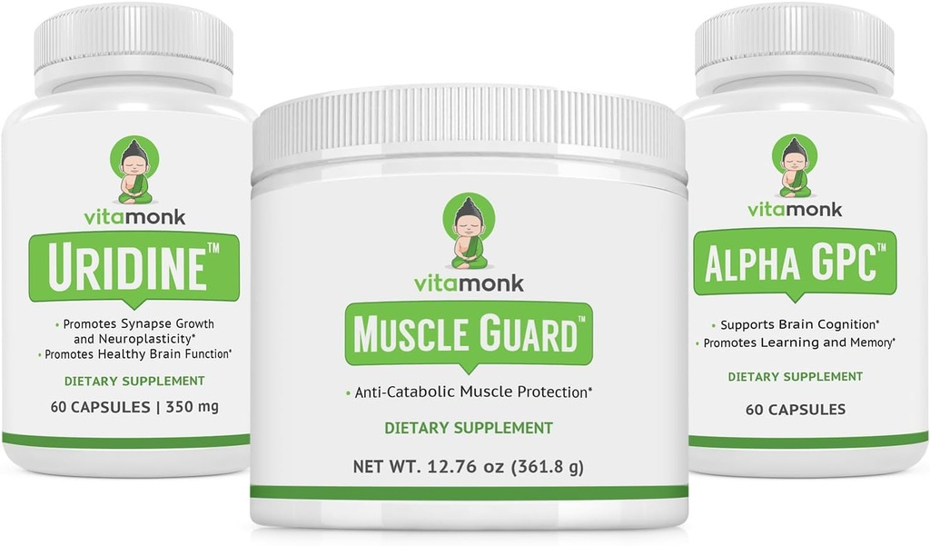 VitaMonk Muscle Guard & Alpha GPC Uridine Stack Bundle, HMB, EAAs, Vitamin D, Magnesium & Brain Dukungan untuk Kejelasan, Kejelasan, dan Pertumbuhan Otot