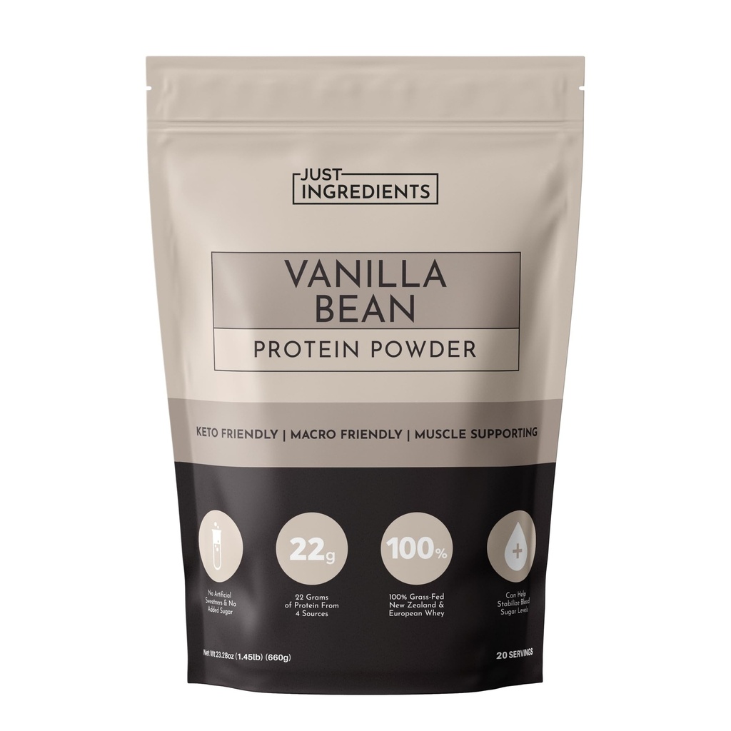 HANYA INGREDIENTS Vanilla Bean Powder - 20- Serving Blend dengan 100% Grass- Fed Whey & Organic Plant Protein - Real Vanilla Bean & Cinnamon - Mendukung Muscle Recovery, Energy *