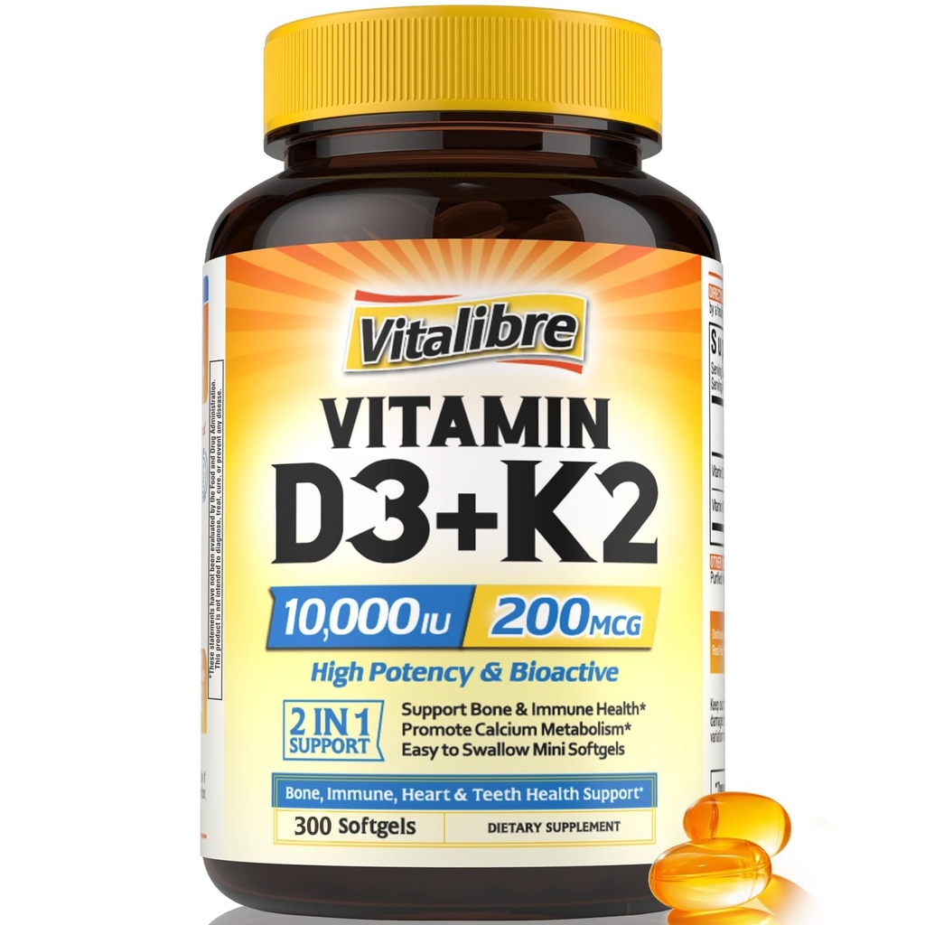Vitamin D3 K2 Suplemen, 10.000 IU D3 / 200 mcg K2 MK7, absorpsi Kalsium, Bone, Heart, Imune & Mood Support, Enhanced Absorpsi, No Soy, Easy, Easy to Swallow, 300 Softgels
