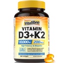 Vitamin D3 K2 Suplemen, 10.000 IU D3 / 200 mcg K2 MK7, absorpsi Kalsium, Bone, Heart, Imune & Mood Support, Enhanced Absorpsi, No Soy, Easy, Easy to Swallow, 300 Softgels