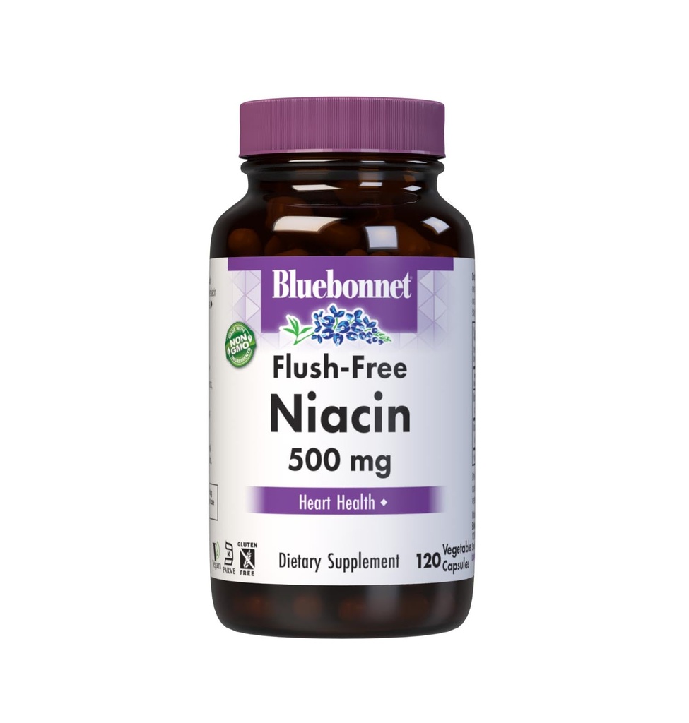 BlueBonnet Nutrition Flush- Free Niacin 500mg, untuk Nutres Cardiovascular Sules, Soy / Dairy / Gluten Free, Non- GMO, Kosher Cerdenfied, Vegan, White, 120 Count