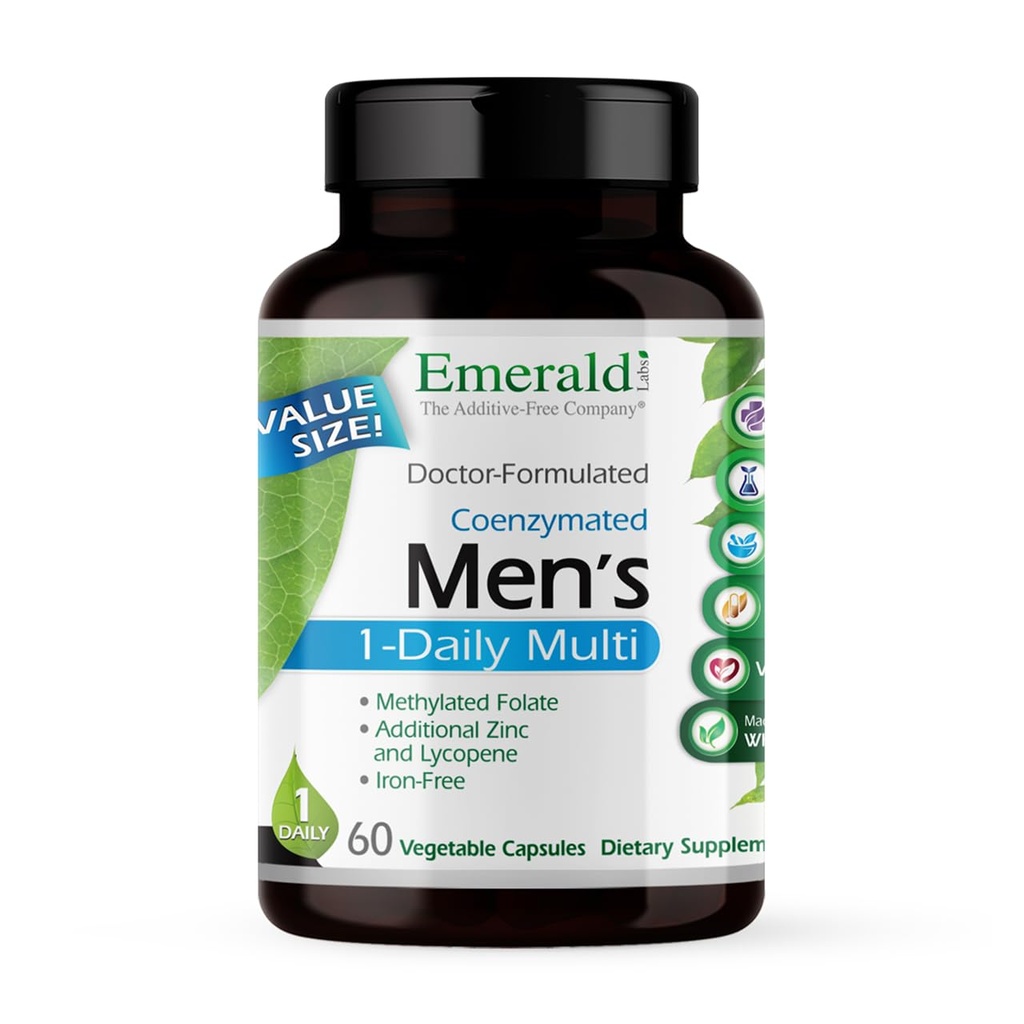 EMERALD LABS Men 's 1 Daily Multi - Addity-Free Men' s Multivitamin - termasuk Lycopene, Zinc, Vitamin D3, & More - Support Bones, Prostate & Vision * - 60 Vegetable Capsules