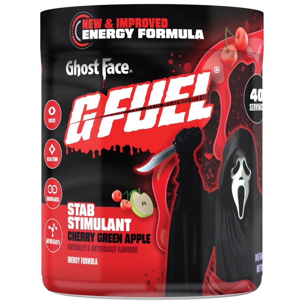 GGFuel Ghost Face Energy Powder, Caffein Mix Pre Workout for Gaming, Sugar Free Focus Amino, Vitamin + Antioksidants, 9.9oz (Cherry Green Apple, 40 Servings)