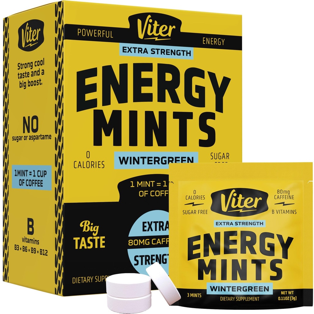 Viter Energy Caffeine Mints 80mg Ekstra Kekuatan - 90 Pieces Caffeinated dengan B Vitamin. Sugar Free Vegan Breath Mint.