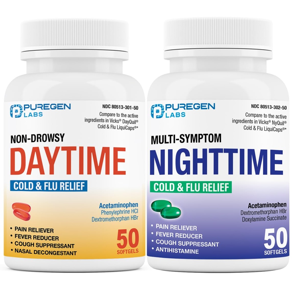 Puregen Labs Daytime and Nighttime Combo Pack, Cold and Flu Relief Medicine 124; powerful Multiple Symptom Daytime and Nighttime Relief for Headache, Fever, Sore Throat, Cough, Contraffic and Aches