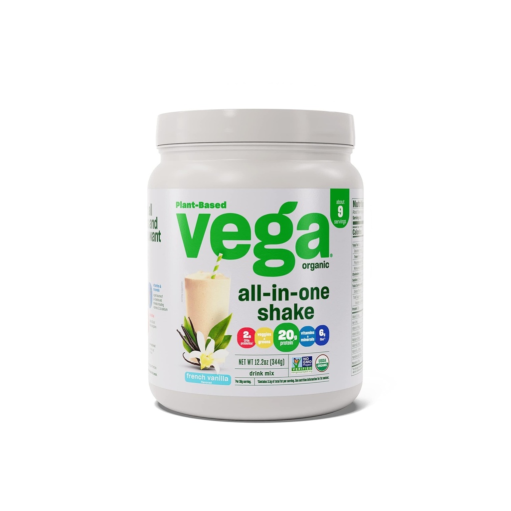 Vega Organic All-inOne Vegan Protein Powder, French Vanilla -Superfood Ingrediens, Vitamin for Imunity Support, Keto Friendly, Pea Protein for Women & Men, 12.2 oz (Packaging May Wary)
