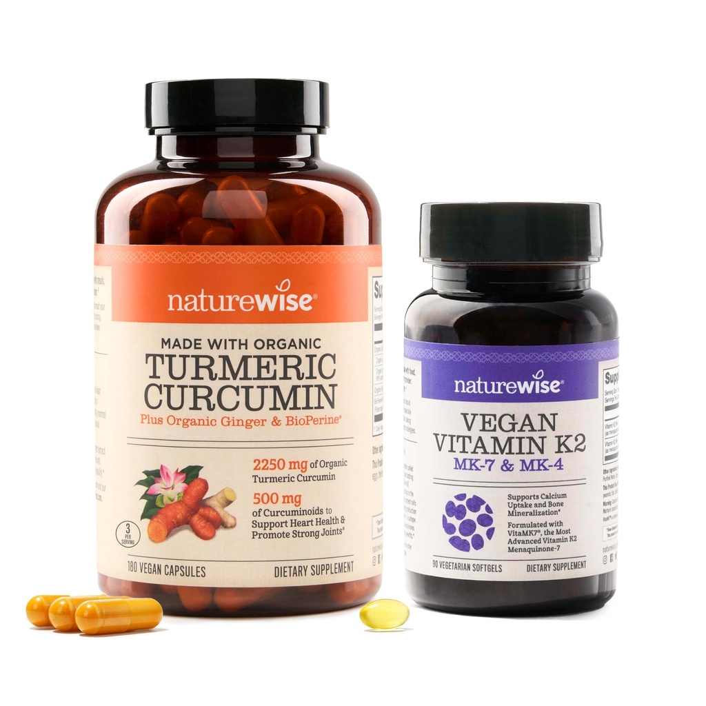 Naturewise Curcumin Turmeric 2250mg dengan BioPerine & Vegan Vitamin K2 MK-7 100mcg dan MK4 500mcg - 180 Count & 90 Softgels