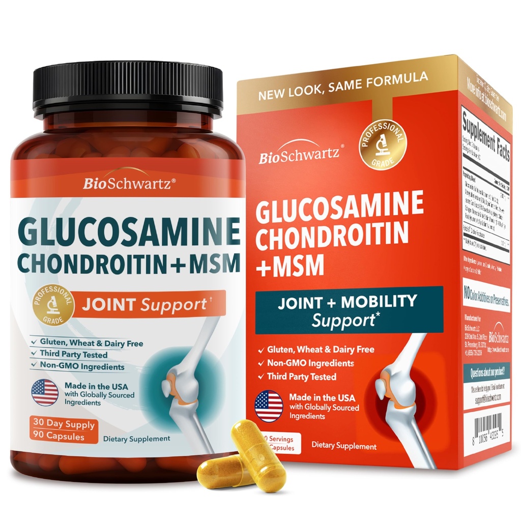 Glucosamin Chondroitin MSM Complement - Collagen Peptides, Turmeric dan Ginger, Acid Hyaluronic, Glucosamin Chondroitin Sulfate for Joint Comfort - Gluten Free, Non GMO, 90 Capsules