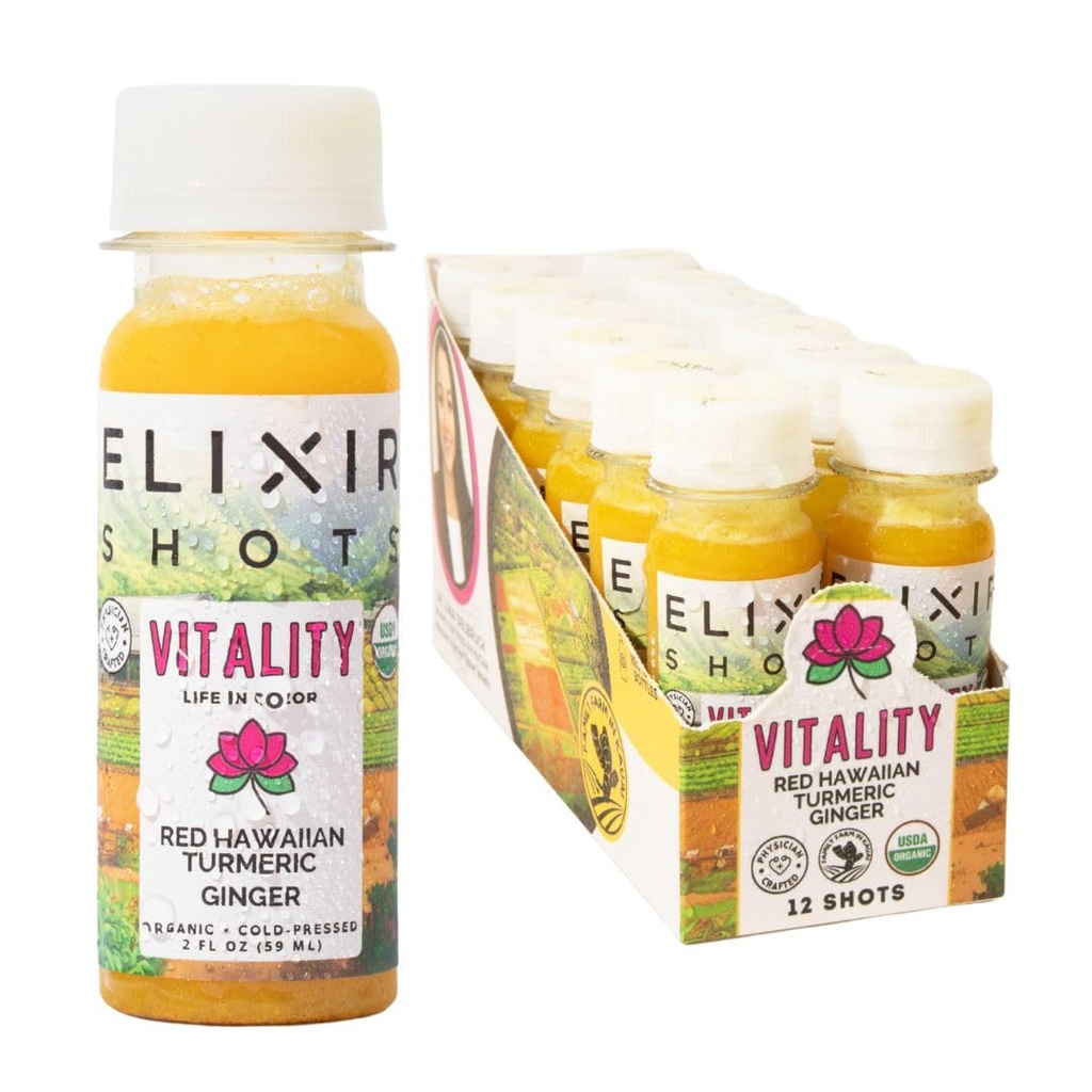 Elixir Shots, Vitality Immunity Shot with 100% Organic Ingredictions, Cold- Menekan Red Hawaiian Turmeric, Peru Ginger, Pineapple and Black Pepper, No Sugar or Articial Addenives, 12 Pack