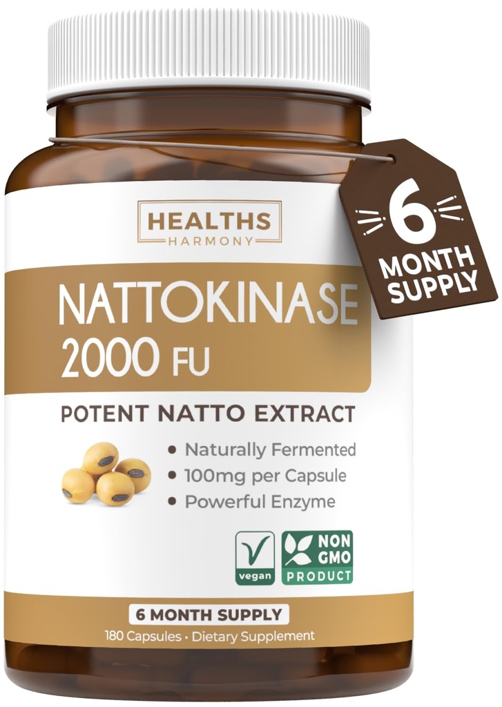 Healths Harmony Nattokinase 2000 FU (Non- GMO) Suplemen Nattokinase Terkuat Dibuat dari Soybeans Berfermentasi Alami - (6 Pasokan Bulan) 180 Vegan Natto Capsules