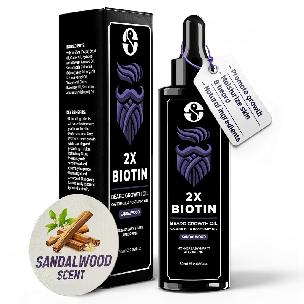 Biotin concentration Beard Thickener & Softtener - 2oz with Castor Oil, Rosemary Oil, and Vitamin - Sandalwood Scent for Men
