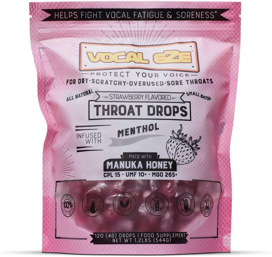 Vocal Eze Manues Honey Strawberry UMF 10 + (MGO 265 +) Menthol Cough Drops (120) 124; Lozenges for Sore, Hoarss, Fatigue, Dryness of Throat 124; Voice Support, All Natural and Organic Ingregents
