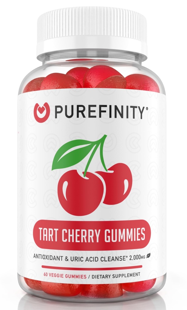 Tart PUREFinITY Cherry Gummies - Uric Acid Flush untuk Relief & Recovery, Raw Juice Extract Antioksidant - Non-GMO, Gluten Free, Vegan, 60 Count