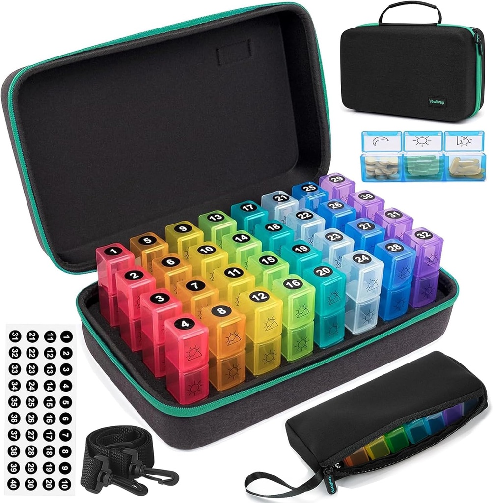 3 kali sehari, 31 hari Pill Organizer 3 kali sehari, Kotak Penyelenggara Obat-obatan Bulan, Kotak Obat-obatan dengan 32 Daily Comment & Portable 7- Day Travel Medicine Organizing Bag