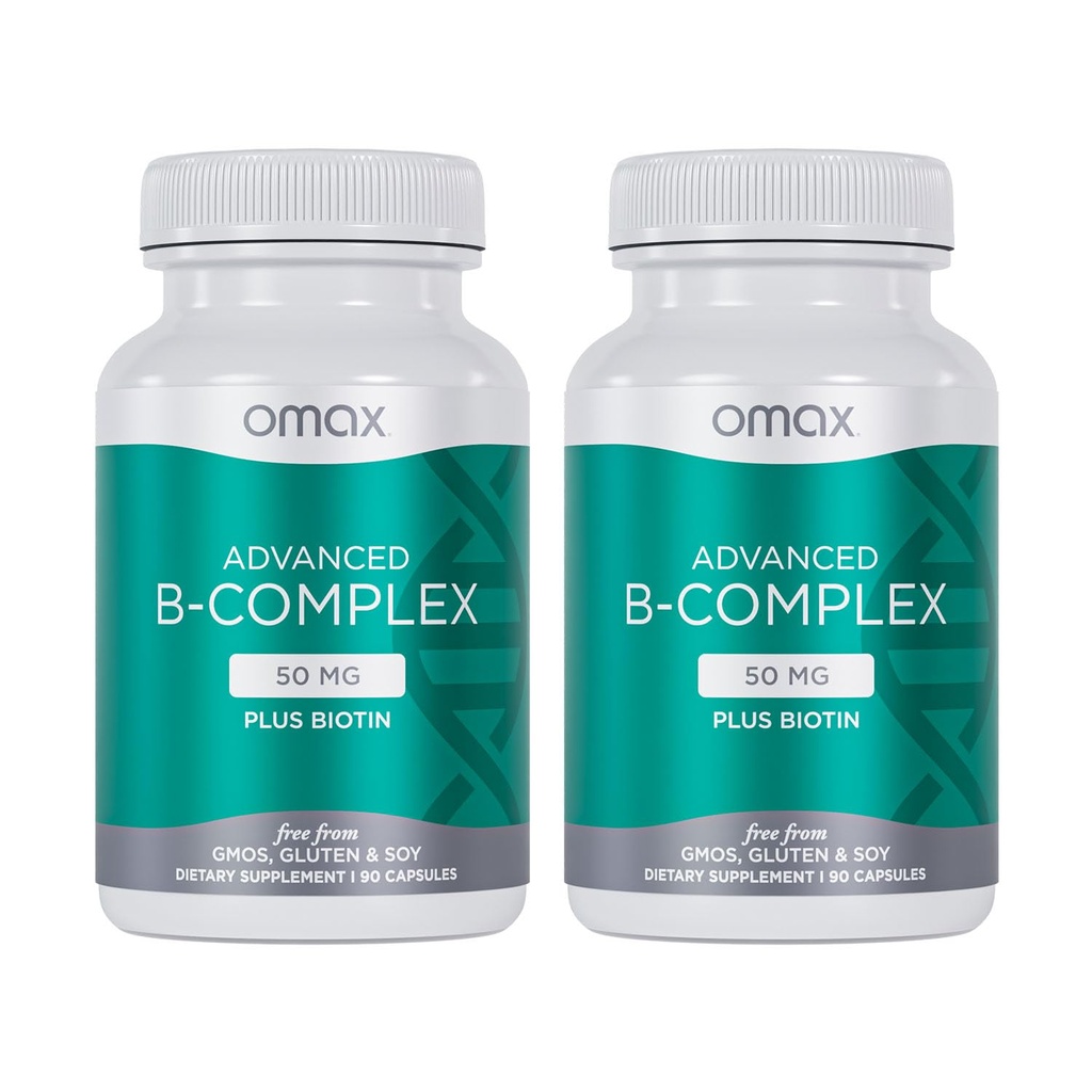 Omax3 2 Botol - Advanced Vitamin B Kompleks 50MG dengan Biotin 124; Strong & Shiny Nails, Skin Nails, Dukung Stress, Imunitas, Energi Metabolisme, 90 Capsules / per Botol