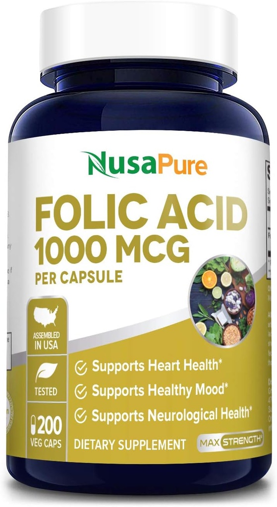 NusaPure Folic Acid 1000mcg 200 Veggie Caps (Non- GMO, Vegetarian, Gluten Free)