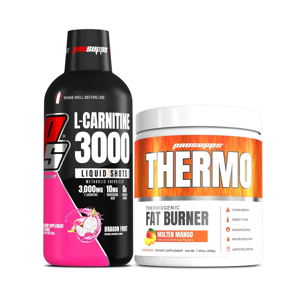 PROSUPPS L- Carnitine 3000 Stimulant Free Liquid Shots (31 Servings, Dragon Fruit) dan Thermo Fat Burning Thermogenic Powder (25 Serbu, Molten Mangga) Bundle