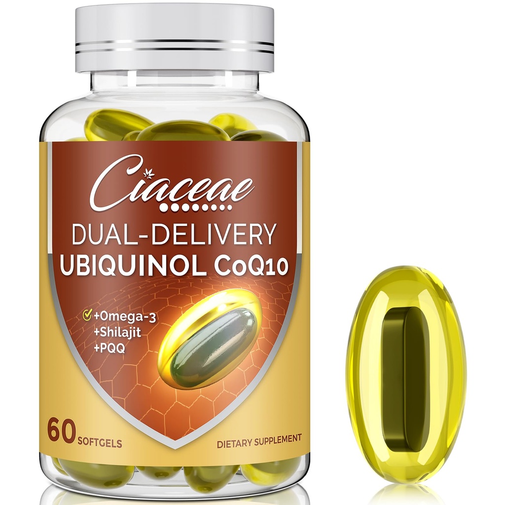 Ubiquinol CoQ10 600 MG Softgels dengan Omega-3 & Shilajit & PQQ, Advanced Dual Delivery - Q10, Active CoQ10 Ubiquinol Supplication for Fertility, Antioxidant, Heart, Brain & Energy, 60 Servings