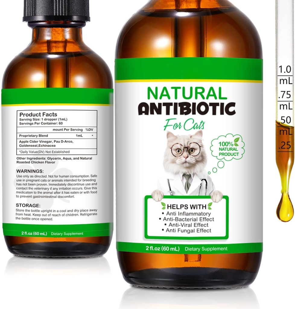 Antibiotik 60 ML untuk Kucing, Suplemen Premium Antibiotik Kucing, Kucing Multivitamin, Antibiotik Alam untuk Kucing, Antibiotik Kucing, Pendukung Antibiotik Kucing