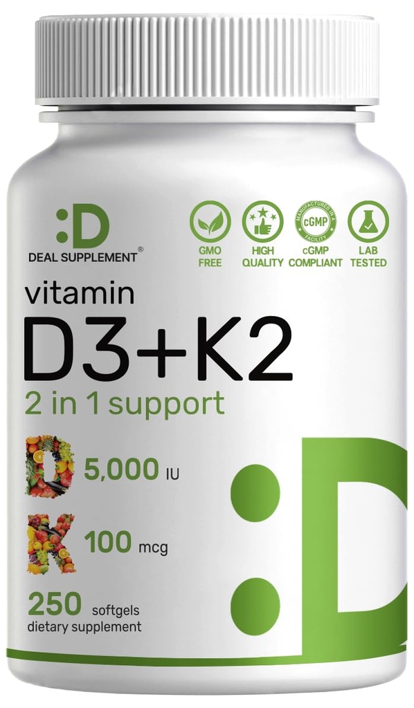 DEAL SUPLEMENT Vitamin D3 5.000 IU + K2 MK7 Softgels, 250 Count 124; 2-1 Kompleks 124; Mudah ditelan