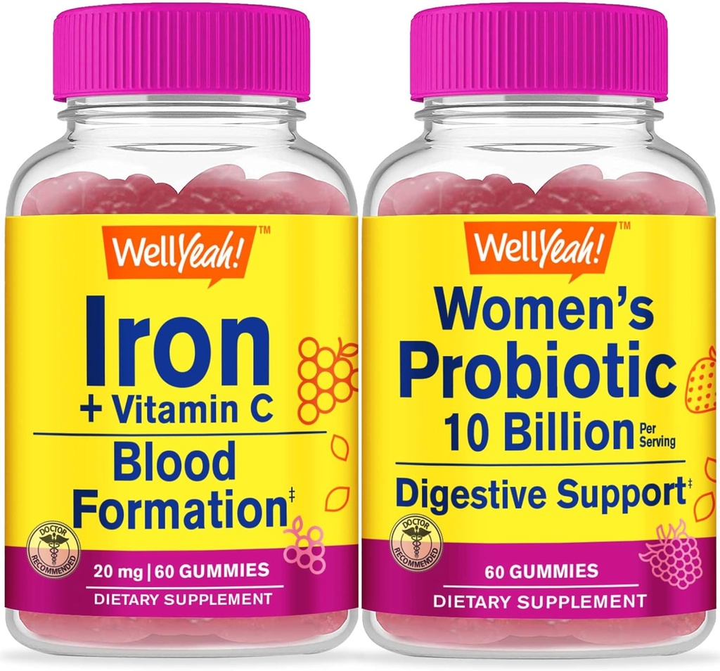 WellYeah Iron + Vitamin C + Progories Women 10B CFU, Gummies Bundle - Great Tasting, Vitamin Suplemen, Gluten Bebas, GMO Bebas, Gummy Chewable