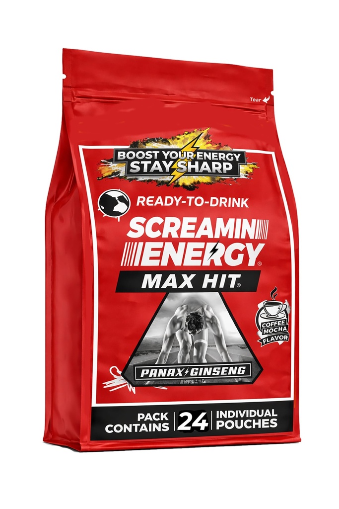 Screamin Energy Max Hit - Energi Shots Ekstra Kekuatan dengan Ginseng & Caffeine - 100% B-1, B-2, B-3, B-6, B-7 dan B12 Coffee Mocha, 24 Count
