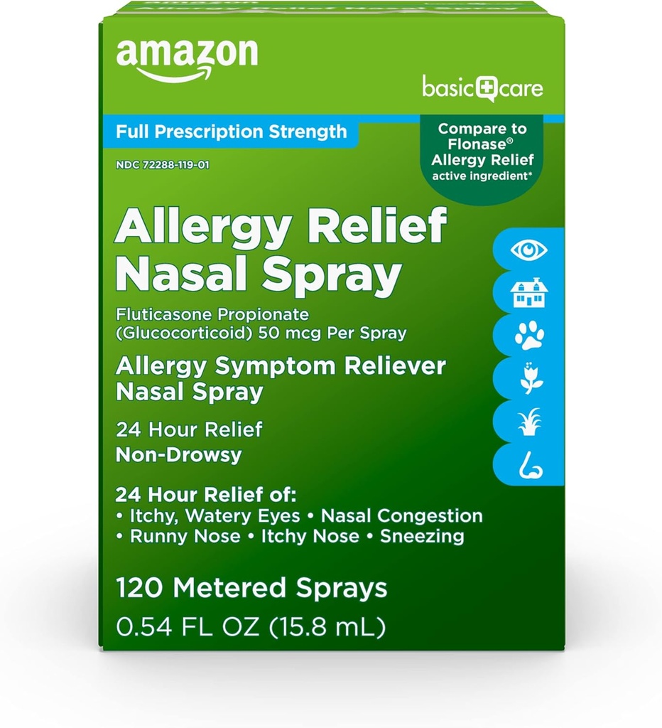 Perawatan Dasar 24- Hour Relief Nasal Spray, Fluticasone Propionate (Glucokorticoid), 50 mcg Per Spray, Full Prescription Power, NON-Drowsy, 0.54 flf oz (Paket 1)