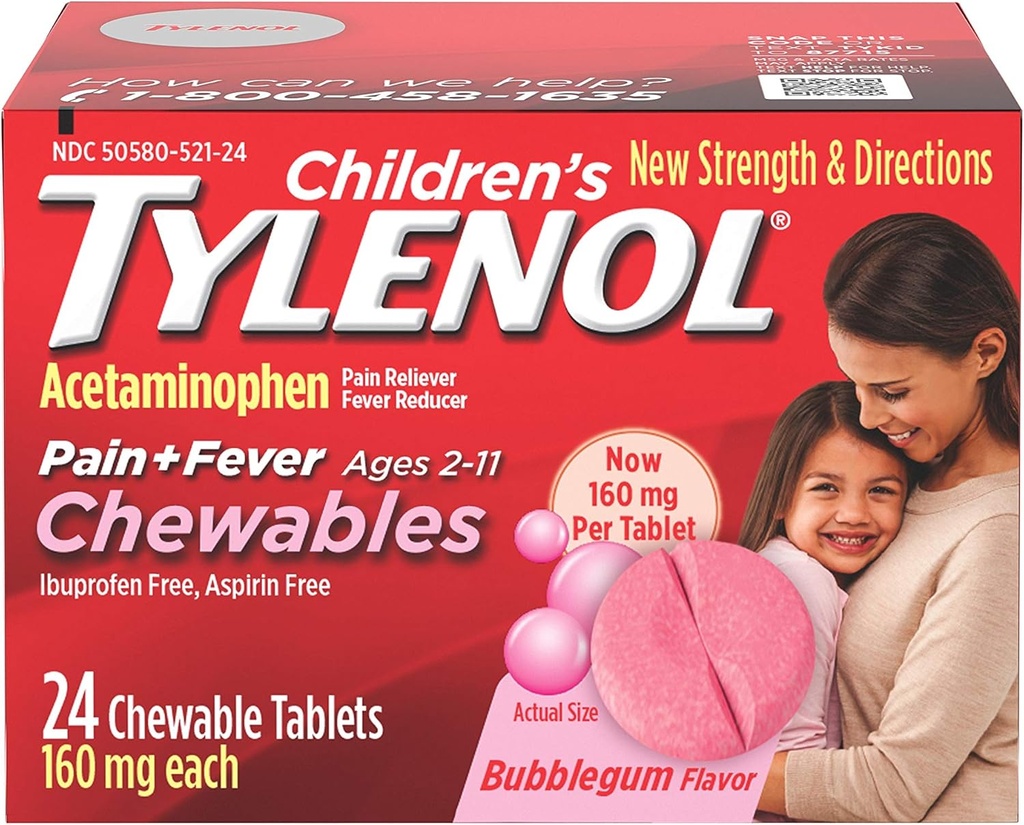 Kids 's Tylenol Chewables, Acetaminophen for Pain & Fever Relief, Bubble Gum, 24 ct