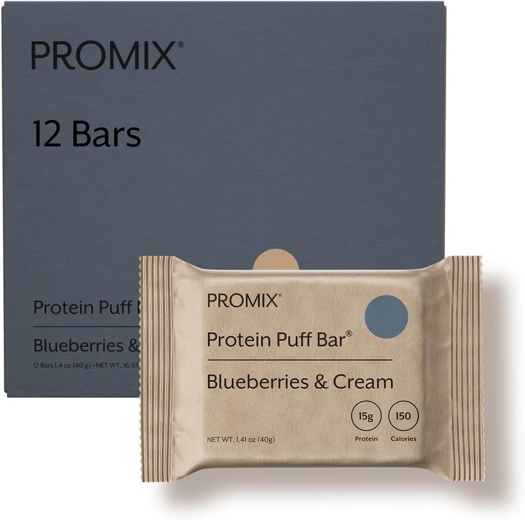 Protein Nutrition Promix Puff Bars - Blueberry & Cream - Marshmallow Crispy Treat - Great Tasting & Heally On The Go Snack - High Protein & Low Calorie - Free From Gluten, Soy, & Corn - 12 Bars
