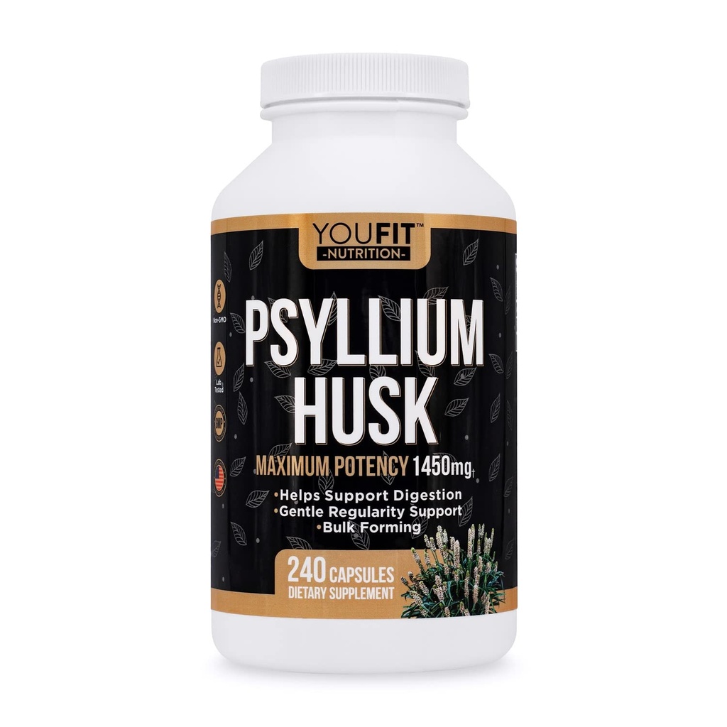 PSYLLIUM Husk Kapsul - Premium Psyllium Fiber Suplement - Prootes Intestorial Health and Regularitas - 100% Natural Soluble Fiber 1450mg Per Serving - 240 Kapsul