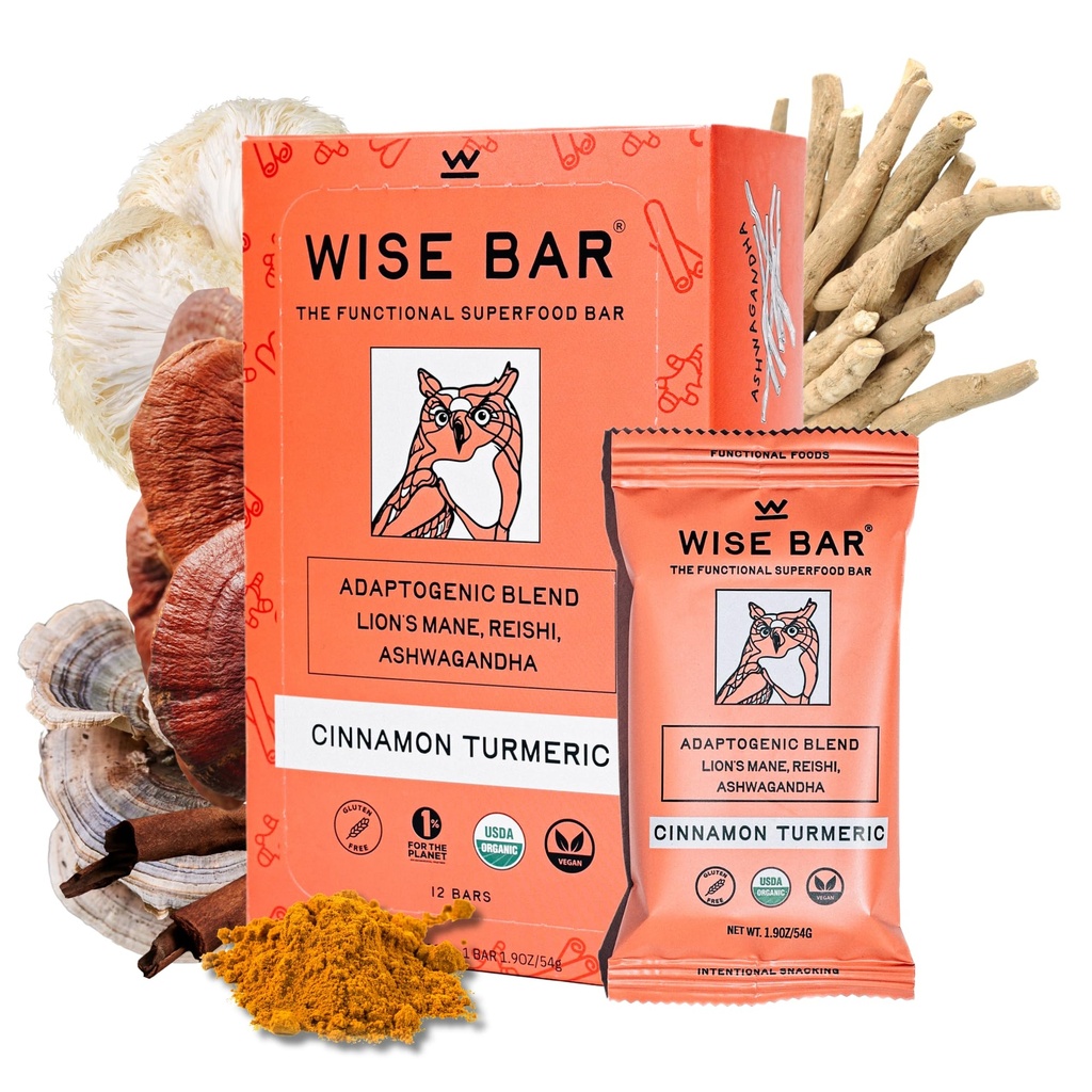 Wiise BAR Adaptogen Mushroom Bar dengan Reishi, Lions Mane & Ashwagandha, Organik Vegan & Gluten Free Snack for Natural Focus, Energy & Imunionity Dukungan, Cinnamon Turmeric Flavor, 12 Count