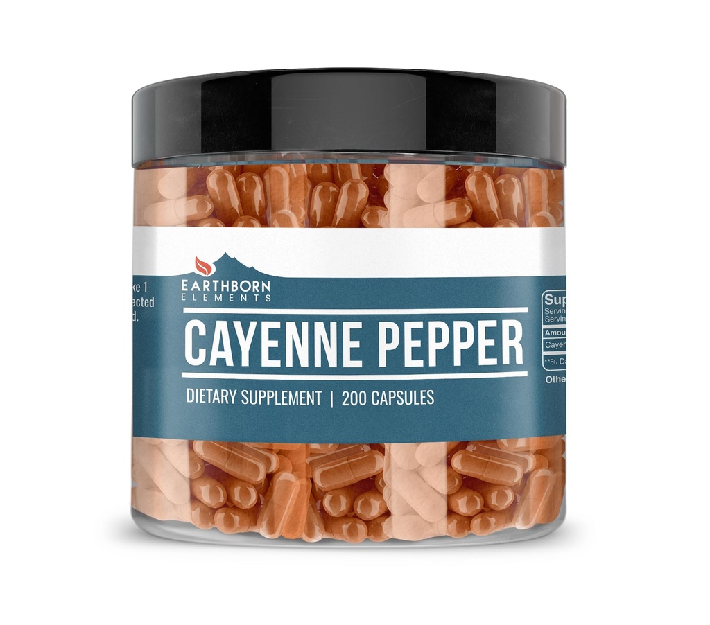 Elements Earthborn Cayenne Pepper 200 Capsules, Pure & Unenluted, No Addonitives