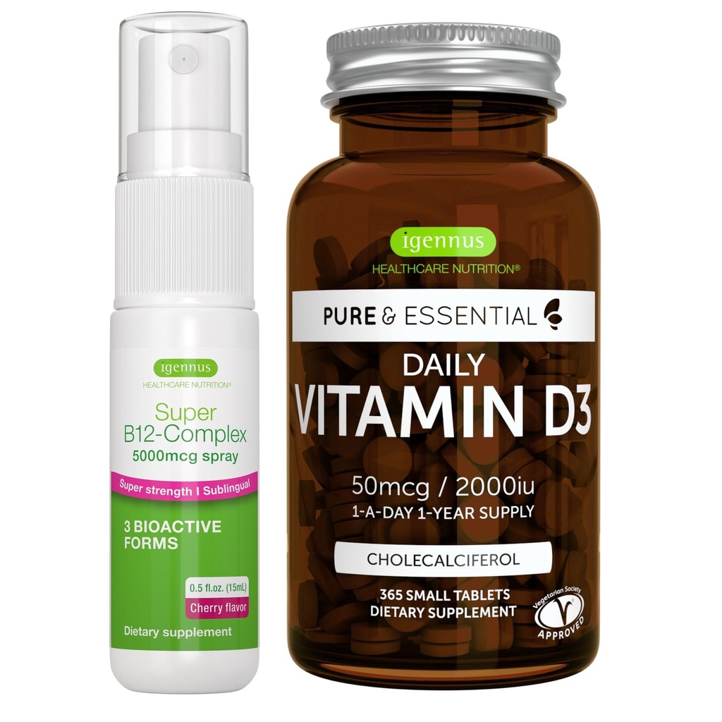 Daily Vitamin D3 + Super B12-Kompleks 5000mcg Vegetarian Bundle, 365 2000iu D3 Tablet + Tinggi B12 Cherry Flavor Sublingual Spray, oleh Igennus