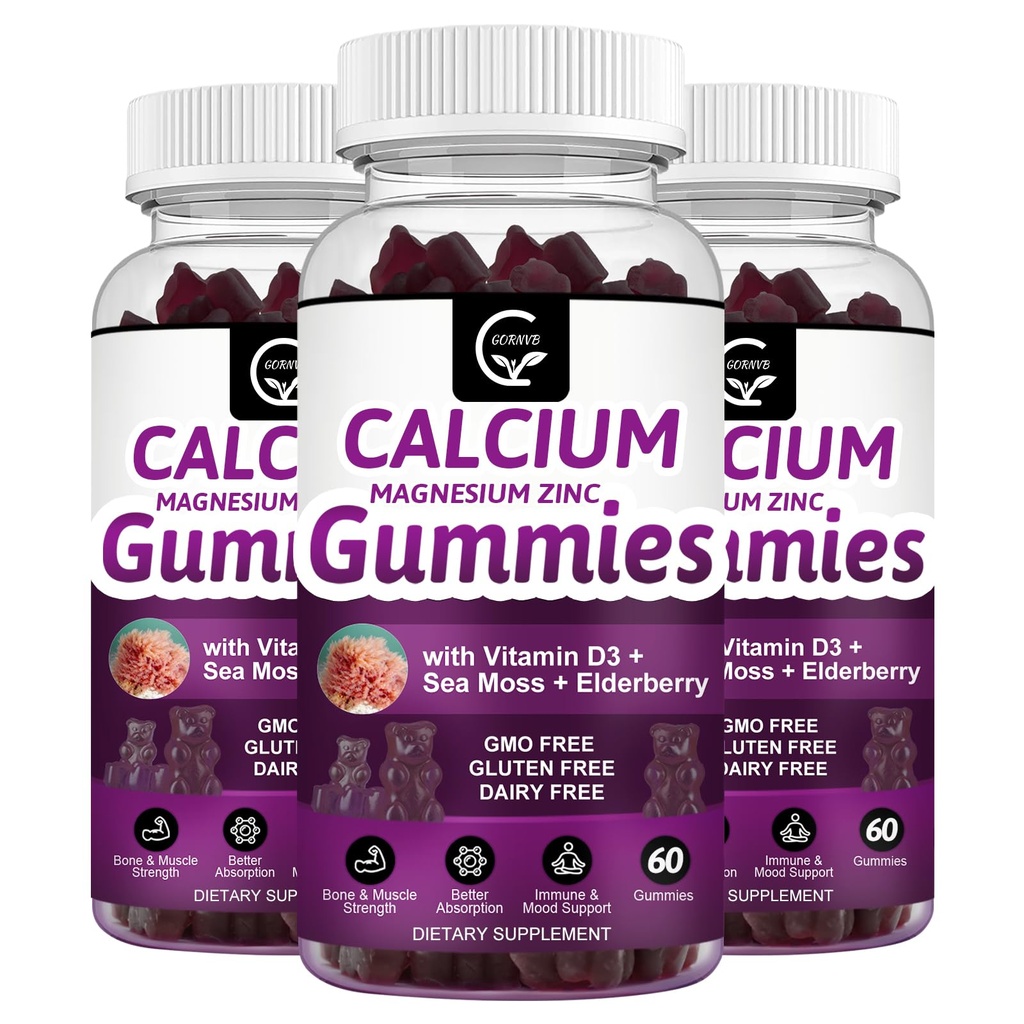 Kalsium Magnesium Zinc Gummies dengan absorpsi Tinggi Magnesium Glycinate Potsium - Plant Complex Calcium Magnesium 2: 1 Rasio, dengan D3 Sea Moss untuk Bone, Muscles, Imune & Sleep Dukungan, Vegan-3 Pack