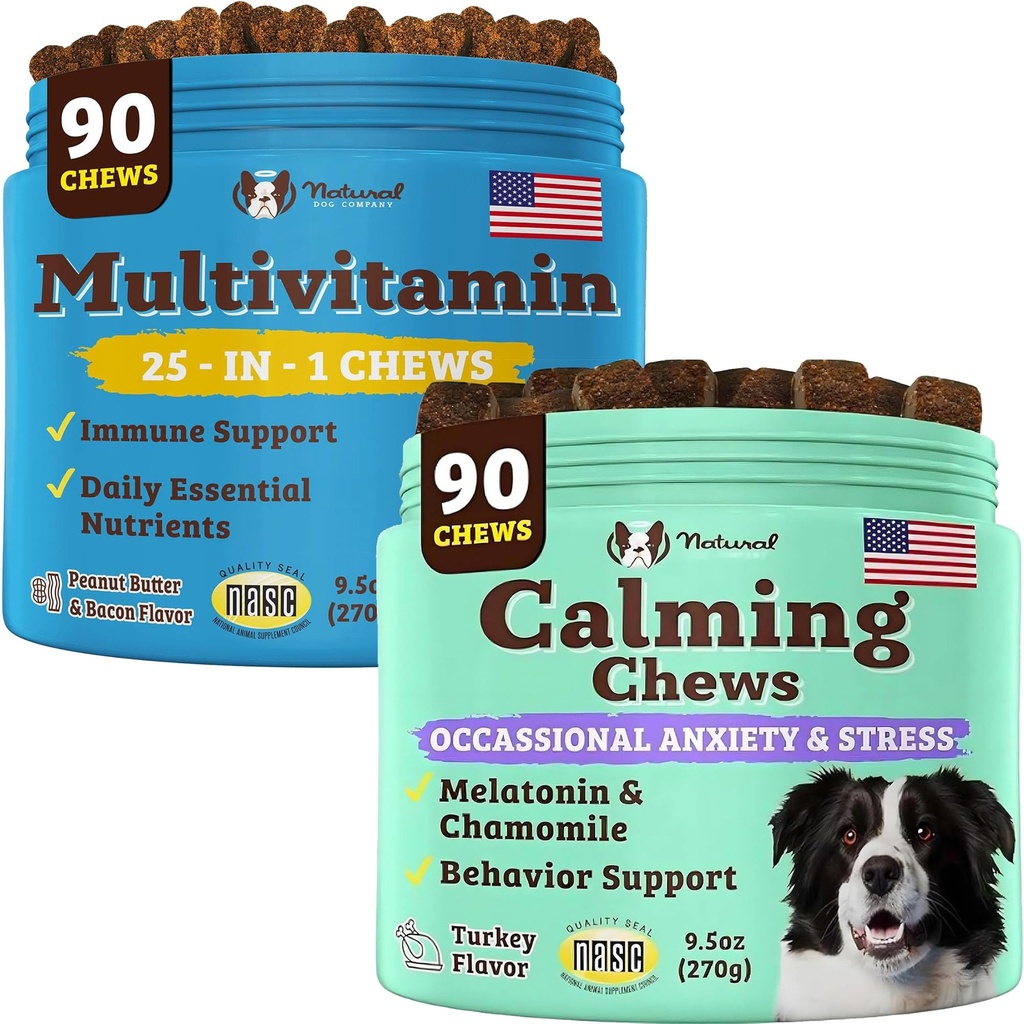 Perusahaan Anjing Multivitamin Natural dan Kaling Pasokan Bundle, Daily Nutrients and Anxiety Relief for Dogs, Dukung Kesehatan Gabungan, Skin & Coat, Mengurangi Stress dari Noise & Travel, Estivety Vitamin