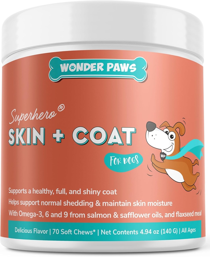Wonder Paws Skin & Coat Supplement for Dogs with Salmon Oil, Omega 3 & 6, EPA & DHA, Promotes Heally Skin, Itchy Relief, Joint and Overall Health, Deticious Flavor, 70 kulit dan coat Soft Chews