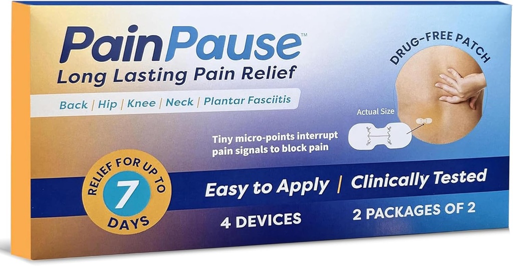 Long Lasting Pain Relief-Back, Hip, Luck, Neck, Plantar Fasciitis, and Other - Relief for Up to 7 Days, Clinically Test, 4 Devices in 2 Pouches