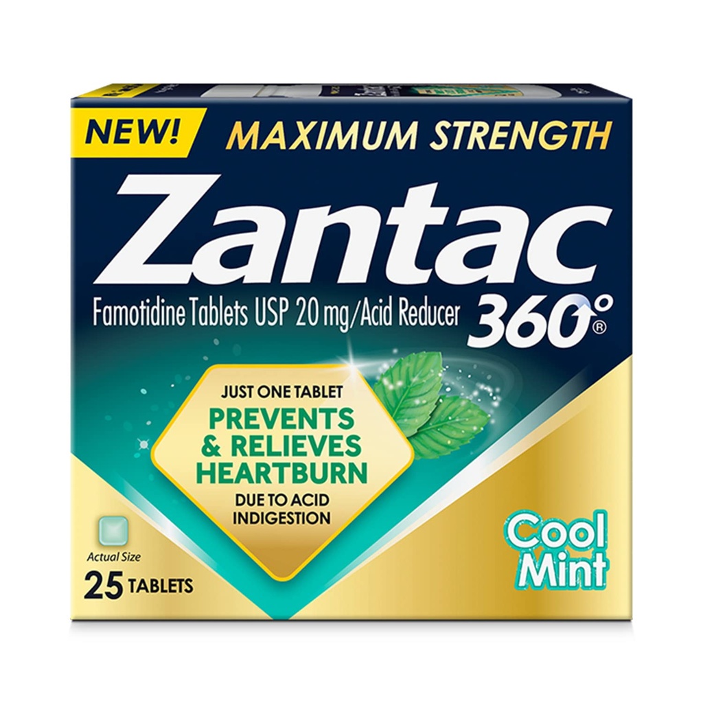 Zantac 360 Maximum Kekuatan, Cool Mint, 25 Count, Heartburn Prevention & Relief, 20mg Tablets